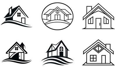  House Icon Set, Modern Real Estate Home Vector Logos Black and White