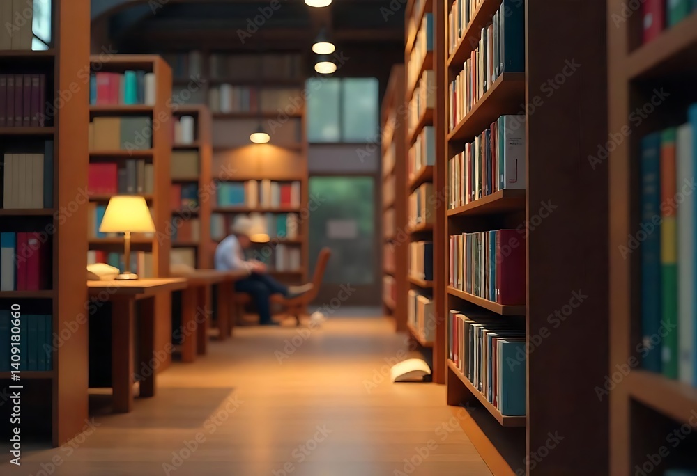 Poster generative ai a serene library filled with towering bookshelves and a reader engrossed in a book