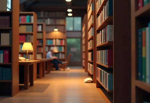 Generative AI A serene library filled with towering bookshelves and a reader engrossed in a book