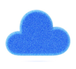 3d blue fluffy cloud icon. Weather forecast symbol with hairy texture. Soft plush logo for app or web design. Nature design element, meteorology object isolated on white background. 3D illustration