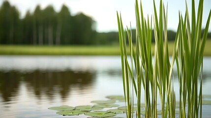 Obraz premium Serene waters meet verdant grasses under a bright sky, blurred trees on shore in the distance