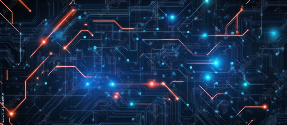 Poster complex electronic network with glowing lines depicting technology and data flow