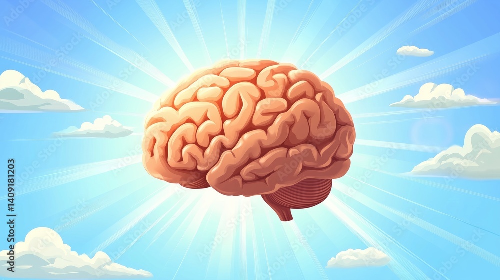 Poster abstract artificial brain floating in sunlit space, smooth vector shapes, business tech theme, high 