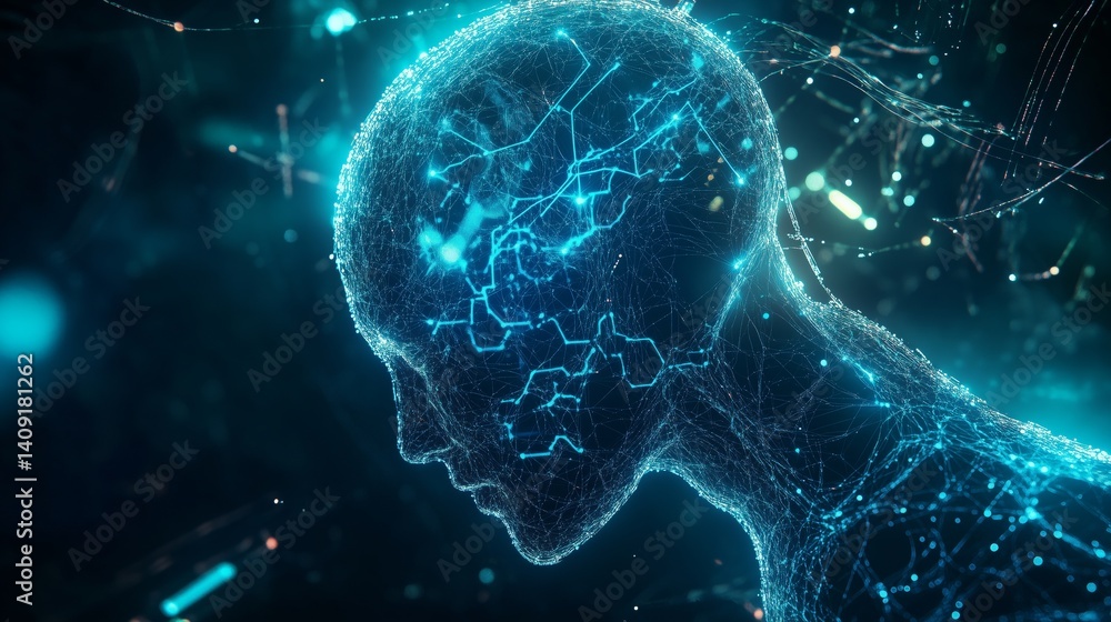 Poster abstract artificial intelligence background, glowing neural network connections, dark blue and elect