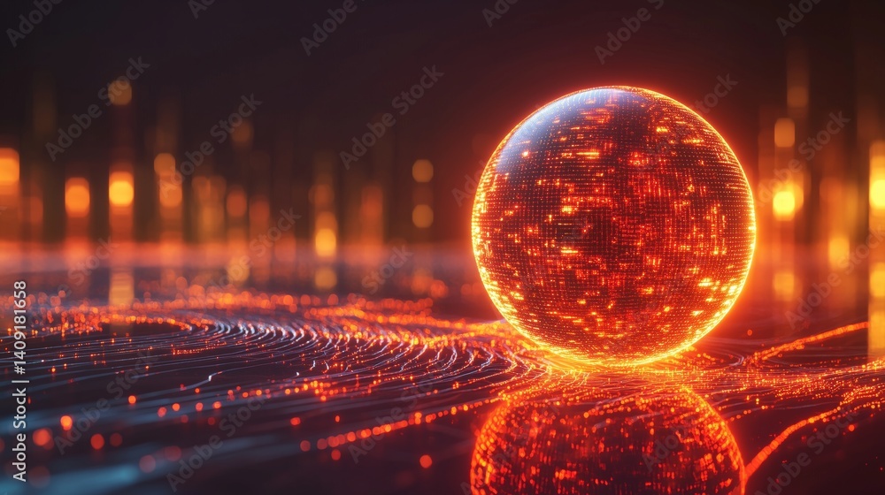 Poster ai core concept design, glowing orb surrounded by spiraling data loops, matrix-inspired environment,