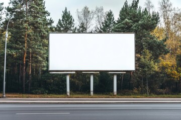 Billboard by the roadside: A large, blank billboard stands ready for new advertisements, with a dense forest as the backdrop.