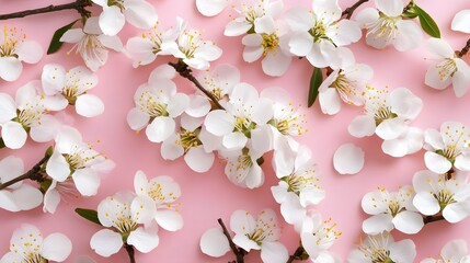 Obraz premium Pink Background White Blossoms Spring Flowers Floral Pattern