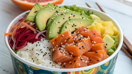 "Fresh Salmon and Avocado Poke Bowl with Rice and Sesame Seeds"