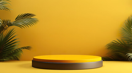 Empty yellow podium on vibrant summer stage with blank space for product showcase