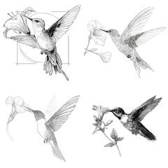 Obraz premium Elegant pencil sketches of hummingbirds feeding on flowers, showcasing fine linework and natural poses. Ideal for nature illustrations, bird studies, and vintage art collections.