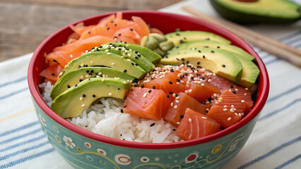 "Fresh Salmon and Avocado Poke Bowl with Rice and Sesame Seeds"