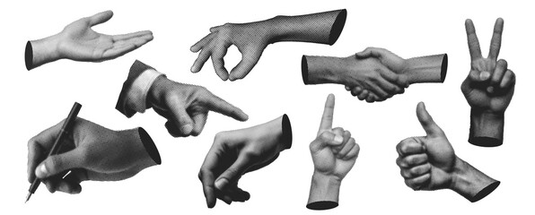 Collection hand gesture halftone effect, Collage Style, 90s  Illustration, point Style © Sixma X