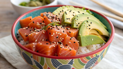 "Fresh Salmon and Avocado Poke Bowl with Rice and Sesame Seeds"