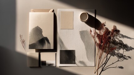 Minimalist design, including business cards, note paper, and letterheads. Black and soft gray dry ink strokes are used in the design, accompanied by dry flowers, soft shadows, and warm lighting.