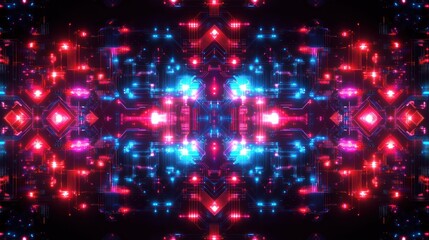 Symmetrical circuit board matrix design with vibrant red and blue neon illumination