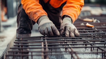 Construction worker securing steel bars for reinforced concrete. Featuring strength and precision