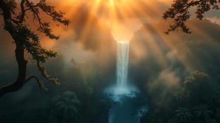 Waterfall flowing in a lush forest with sunlight streaming through the trees.