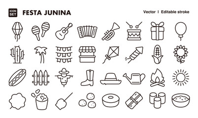 Festa Junina line icon set. Vector editable stroke icon.