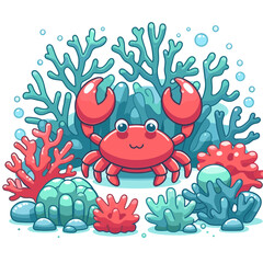 Obraz premium Cheerful cartoon crab among colorful coral reef. Perfect for marine life illustrations, children's education, and underwater scene depictions.