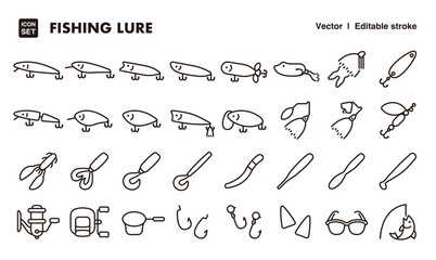 Fishing lure line icon set. Vector editable stroke icon.