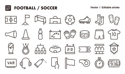 Soccer/football line icon set. Vector editable stroke icon.