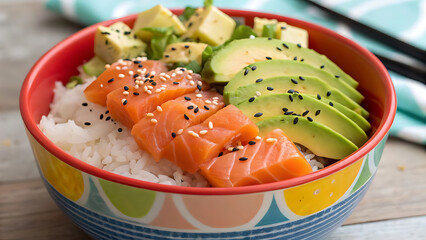 "Fresh Salmon and Avocado Poke Bowl with Rice and Sesame Seeds"