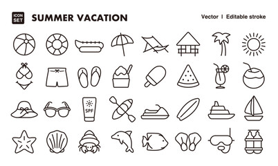 Summer vacation line icon set. Vector editable stroke icon.