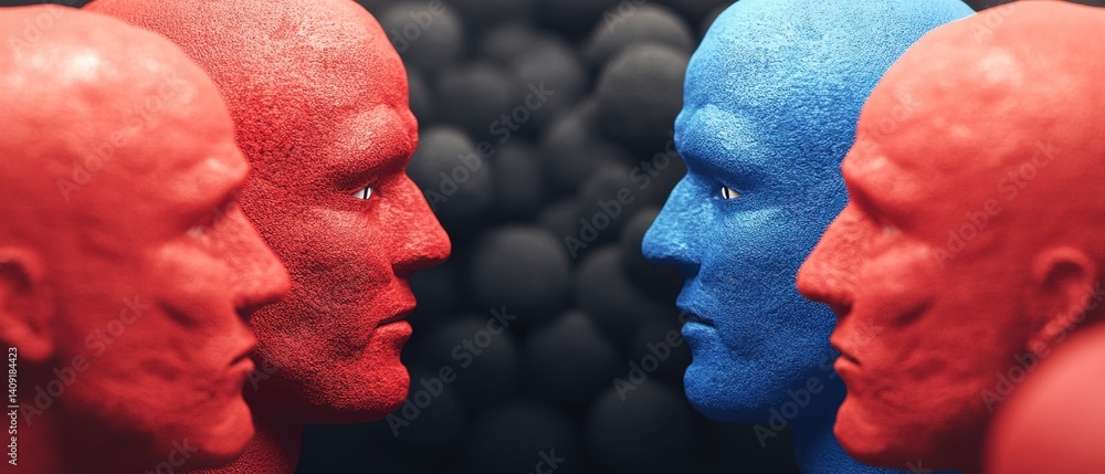 Aufkleber striking close up of red and blue human heads facing each other with a dark textured background crea