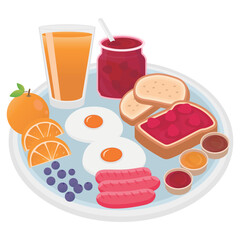 Breakfast vector illustration. There were sausages, eggs, orange juice, blueberries, strawberry jam, bread, ketchup, mustard and barbecue sauce.