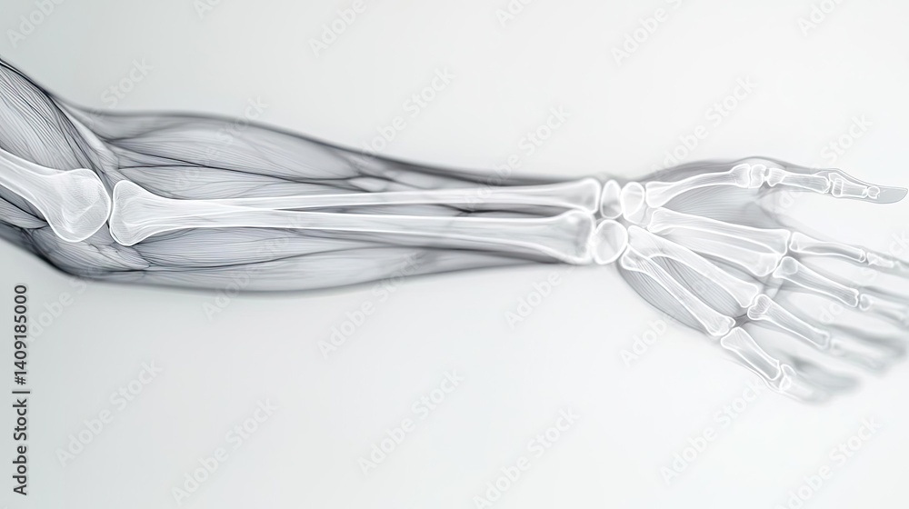 Poster human forearm anatomy vein joint muscle and bones concept. x-ray image showing the structure of a hu