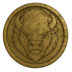 Antique coin with bison head. Buffalo head on coin. Realistic coin isolated on blank background. Wild animal head coin.