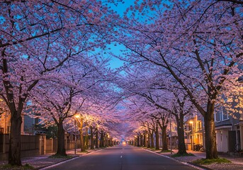Walking Through Blossoming Cherry Trees on Street During Early Evening