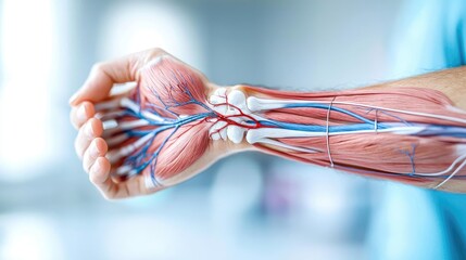 Human forearm anatomy vein joint muscle and bones concept. Detailed anatomical illustration of human arm with muscles and veins.