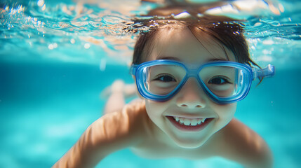 Naklejka premium Underwater portrait of happy child in swimming pool.
