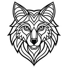Fototapeta premium This wild animal vector illustration features a black silhouette of a wolf head, a tribal tattoo design similar to a lion or dog, showcasing its fierce and predatory nature