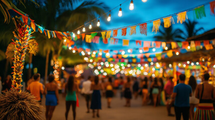 Crowd Enjoying Festa Junina Night Under Festive Lights and Flags in Brazil, Ai Generated Images.