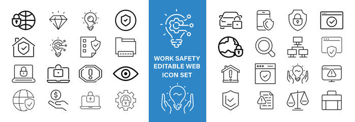 Work Safety editable stroke outline web icons set. Safety first, hazard, protection, health, insurance, regulations, helmet and work. Vector illustration