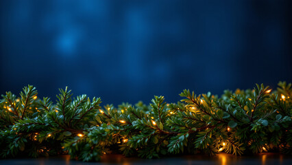 The rich, saturated blue of the background provides a dramatic contrast to the bright, blurred lights scattered around a garland of fragrant greenery