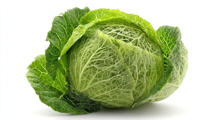 Obraz premium Fresh Green Savoy Cabbage Head on White Background