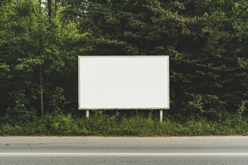 Blank billboard on the roadside, perfect for a promotion. Surrounded by the vibrant trees of the forest, it stands ready to capture attention.