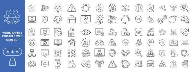Work Safety editable stroke outline web icons set. Safety first, hazard, protection, health, insurance, regulations, helmet and work. Vector illustration