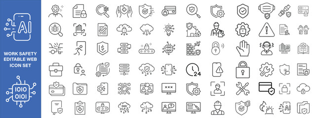 Work Safety editable stroke outline web icons set. Safety first, hazard, protection, health, insurance, regulations, helmet and work. Vector illustration