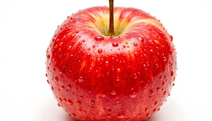 The close up photo captures a plump, juicy fruit coated in shimmering water droplets, creating a stunning visual contrast against the pristine white backdrop