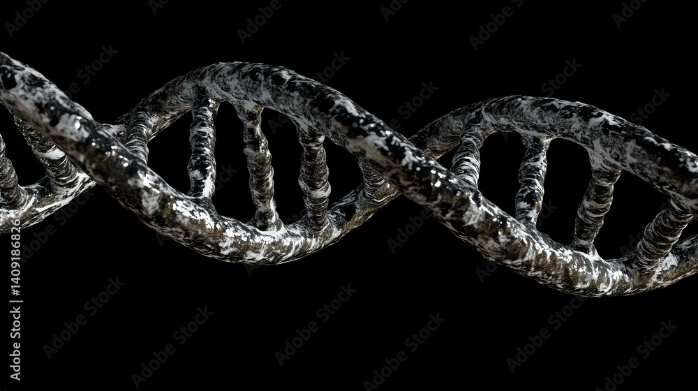 Poster abstract 3d render of a detailed dna helix structure with gray and white texture art code dark black