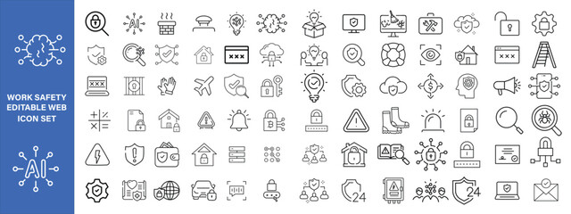 Work Safety editable stroke outline web icons set. Safety first, hazard, protection, health, insurance, regulations, helmet and work. Vector illustration