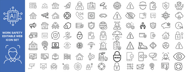 Work Safety editable stroke outline web icons set. Safety first, hazard, protection, health, insurance, regulations, helmet and work. Vector illustration