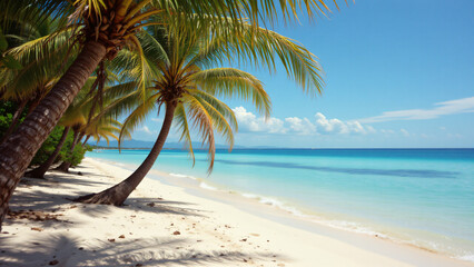 Fototapeta premium Clear, calm ocean water reflects the vibrant blue of the sky, meeting a beach of fine, light beige sand. Mature palm trees, their trunks textured with age, provide a tropical backdrop