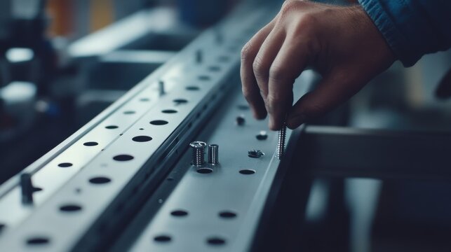 Construction worker tightening screws on a metal frame. Featuring precision and focus