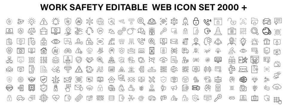 Work Safety editable stroke outline web icons set. Safety first, hazard, protection, health, insurance, regulations, helmet and work. Vector illustration