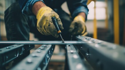 Construction worker tightening screws on a metal frame. Featuring precision and focus